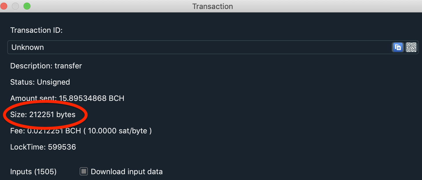 Electrum wallet transaction with a very large serialized transaction size