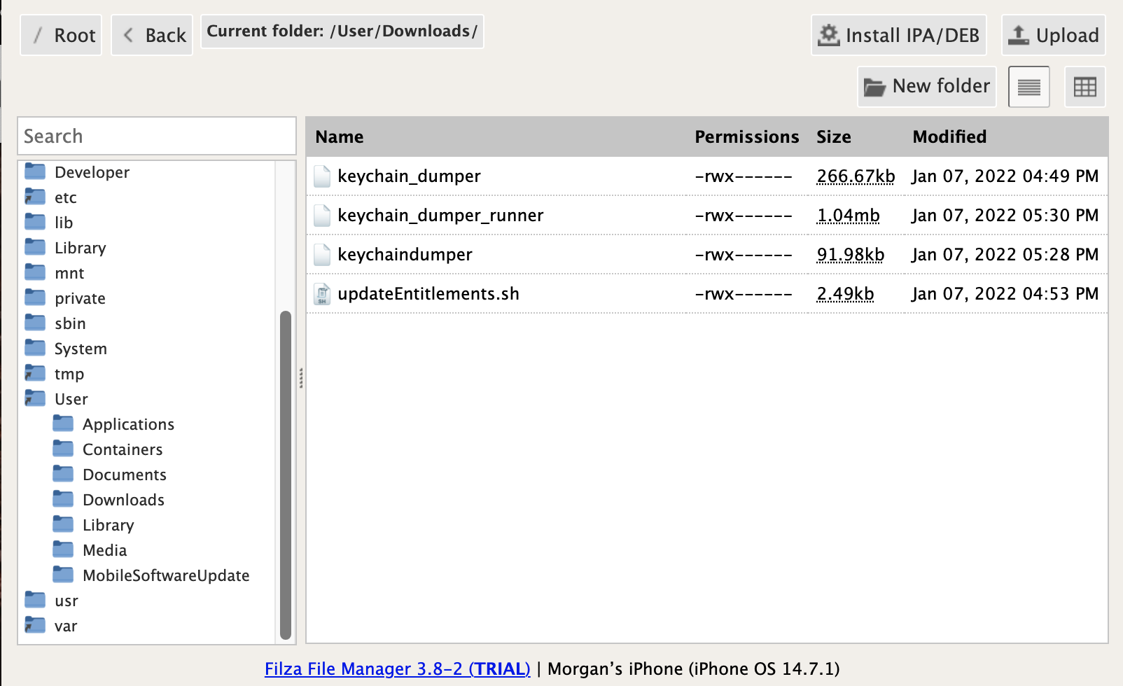 iPhone keychain dump output showing extracted wallet seed data