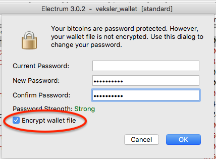 Wallet encryption settings prompt