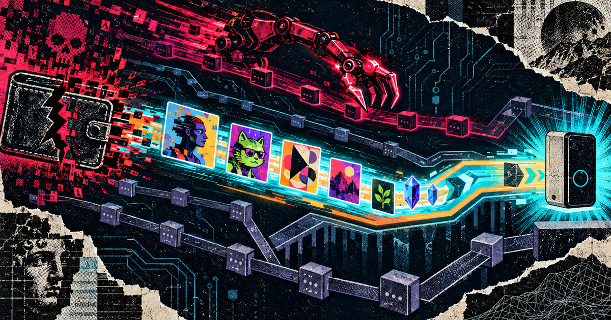 Cypherpunk illustration of NFTs racing a sweeper bot into a safe wallet
