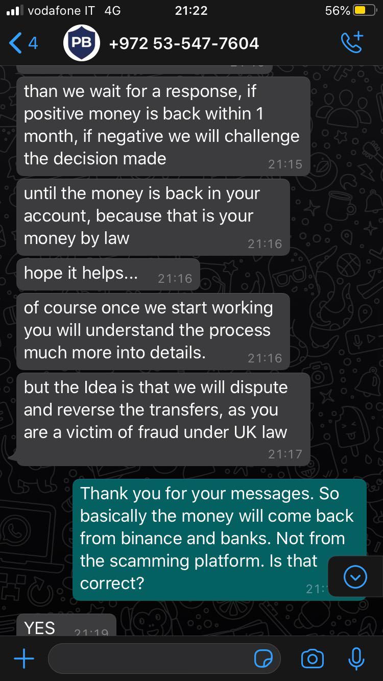Signal message from a scammer claiming Binance has returned stolen funds